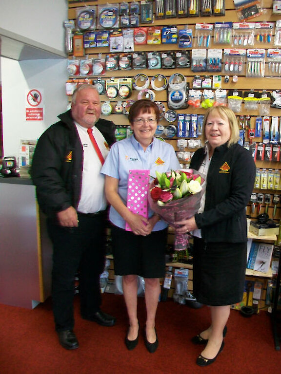 George and Laura Garriock (left and right) with Valerie Hunter (Ocean Tackle Store)